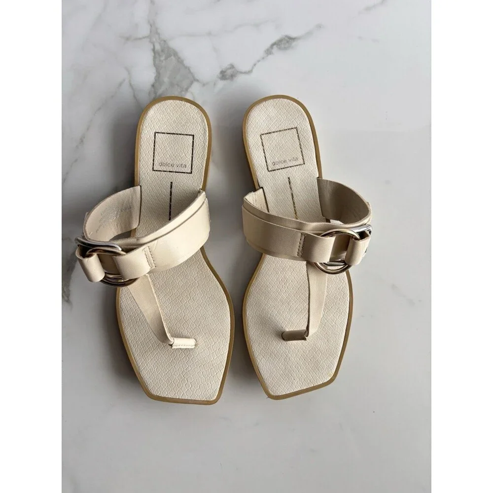 Dolce Vita Ilene Sandals Womens 8.5 Cream Off White Buckle Square Thong Slide